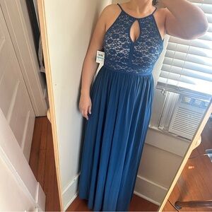 NWT Long Full Length Flowy Evening Gown Teal Aqua Sequin Nude 5/6 Morgan & Co